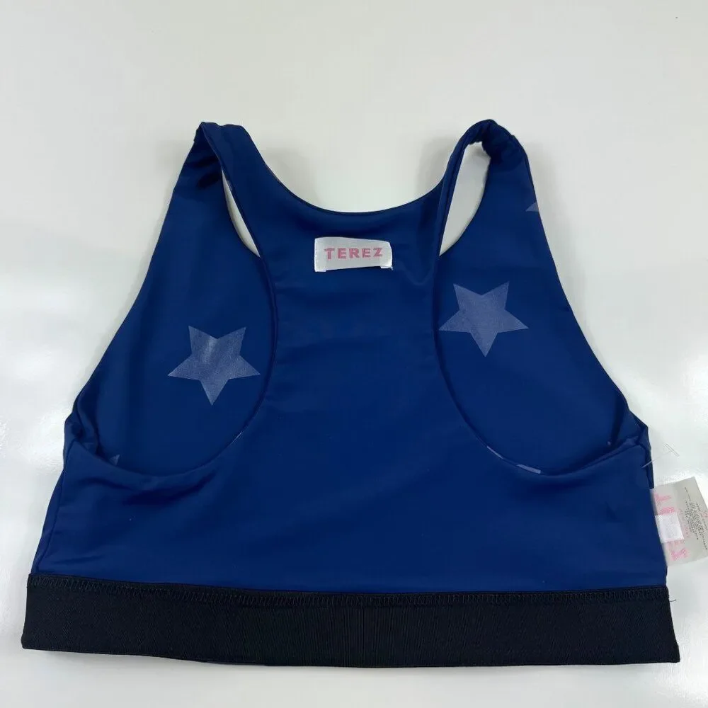 Terez Uplift Sports Bra Navy Star Foil Medium Racerback Unlined Athletic NWOT